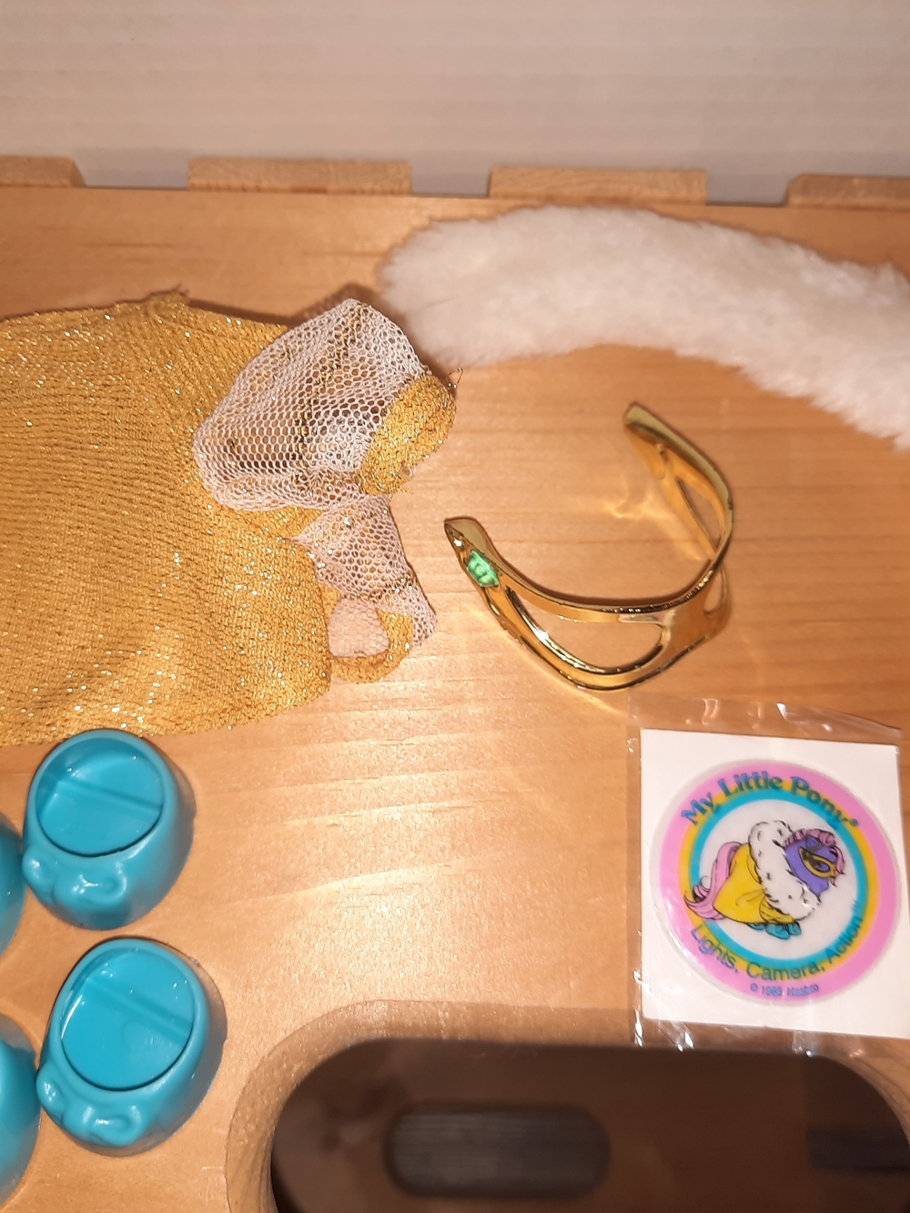 My Little Pony Gold Glitter Dress with White Fur Trim and Turquoise Shoes